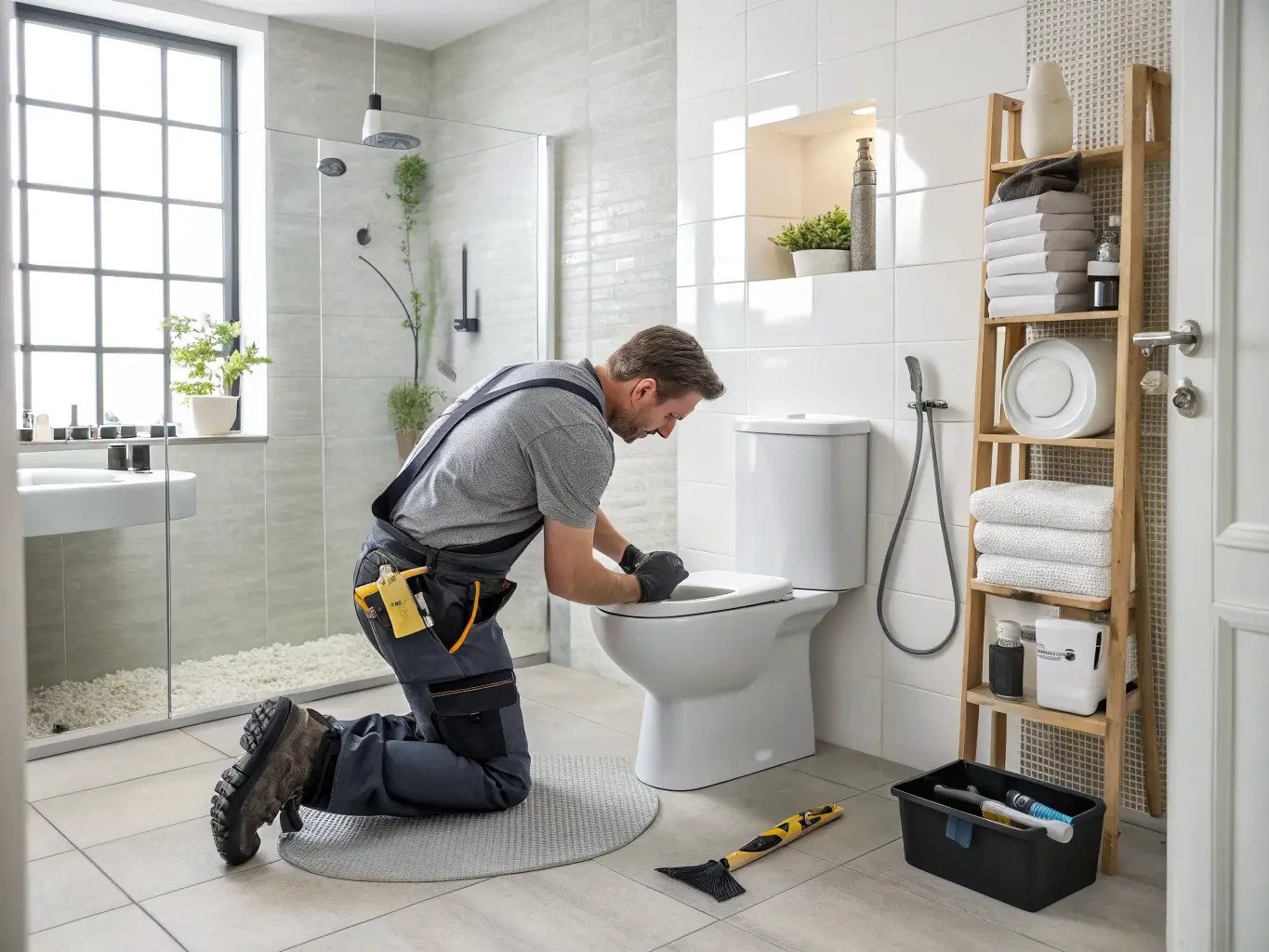 Plumber kneeling by a toilet, repairing it in a modern bathroom with a glass shower and wooden towel shelf nearby.