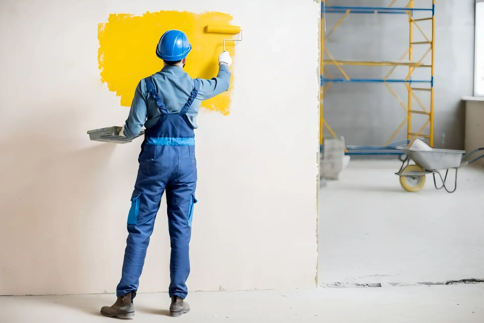 Construction worker in blue overalls and hard hat paints a large yellow patch on a wall with a roller, scaffolding visible in the background.