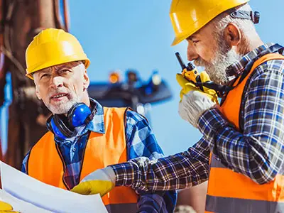 Two construction workers in orange safety vests and yellow hard hats review blueprints on a sunny job site.