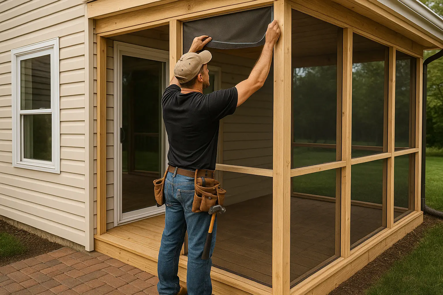 Man installing a screened porch enclosure on a beige house, using a tool belt and hammer nearby.