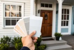 Hand holding color swatches in front of a house entrance with a wooden door and steps.