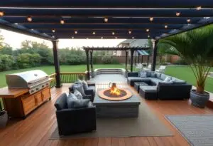 Backyard patio with a built-in fire pit, wicker seating, string lights, and a stainless grill on a wooden deck for evening entertaining.