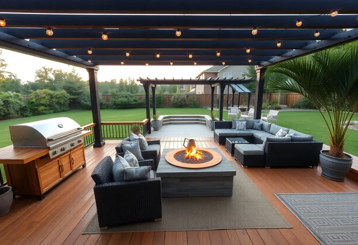 Backyard patio with a built-in fire pit, wicker seating, string lights, and a stainless grill on a wooden deck for evening entertaining.